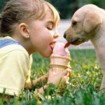Девочка и щенок едят мороженое